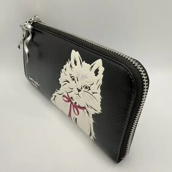 Kate Spade Whiskers Zip Around Continental Wallet KI714 Black with White Cat - Picture 8 of 12